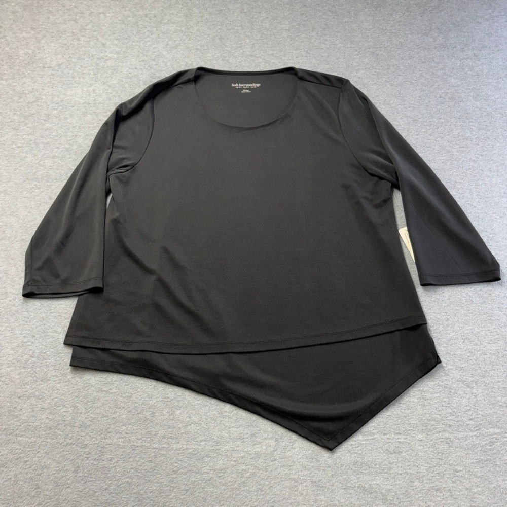 Soft Surroundings Larsa Tunic Womens XL Black Asymmetrical Hem 3/4 Sleeve New
